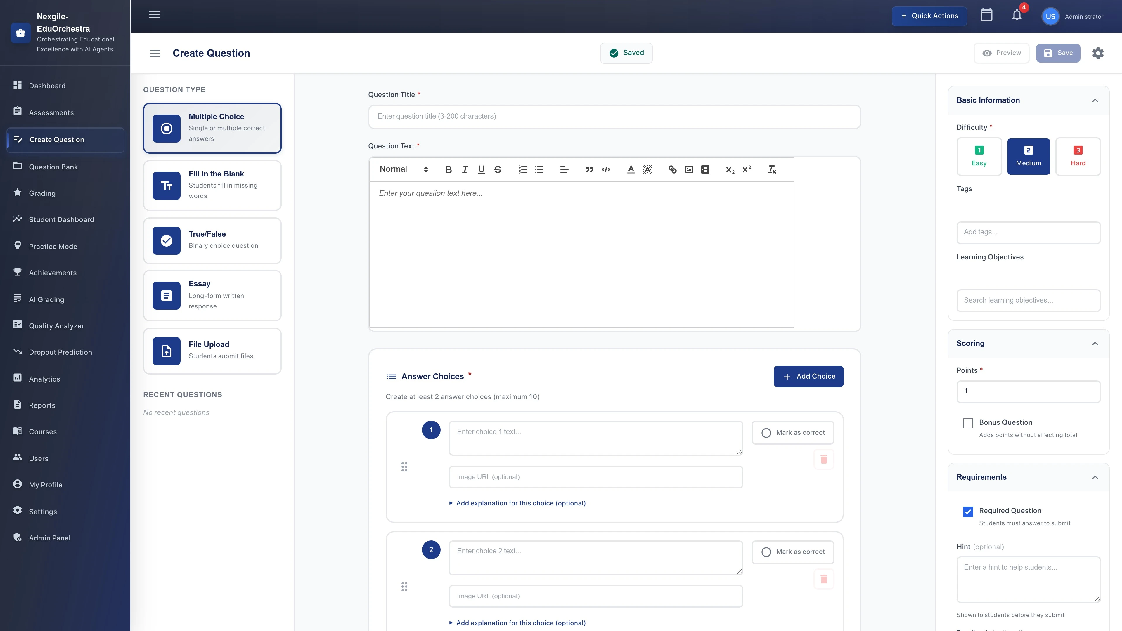 Questions Create Page - Assessment creation interface